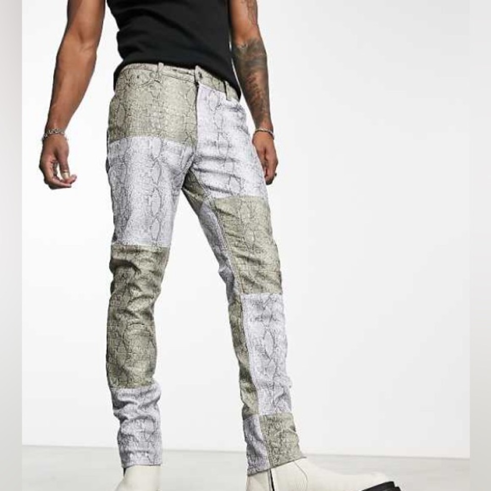 ASOS DESIGN skinny jeans in gray snake print croc leather.